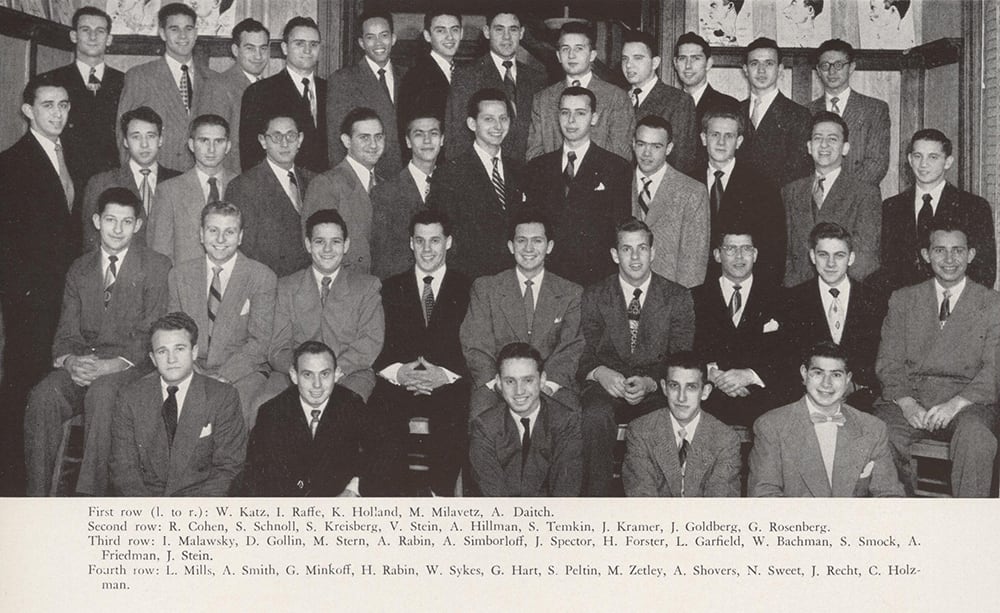 A photo of thirty-eight Phi Sigma Delta fraternity men from the 1950 Badger Yearbook. Weathers ‘Sonny’ Sykes is the only Black man amongst a group a white men. 