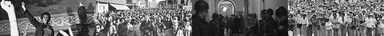 Four historical black and white photos from protests at UW–Madison.
