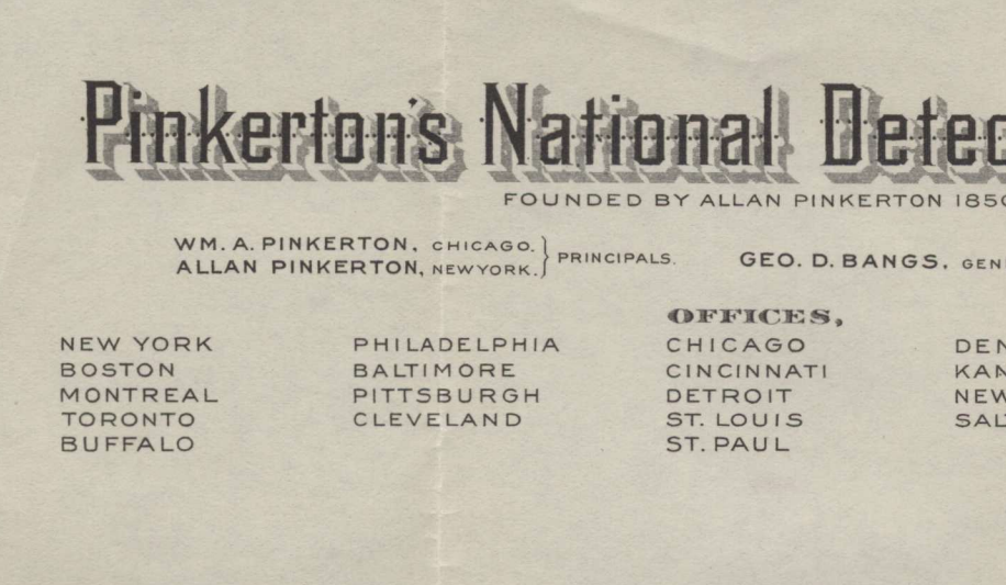 Scanned portion of paper letterhead with 'Pinkerton's National Detective Agency' written in decorative block text.