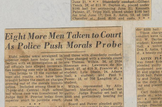 Newspaper clippings on a white background. Headline reads 'Eight More Men Taken to Court As Police Push Morals Prope'