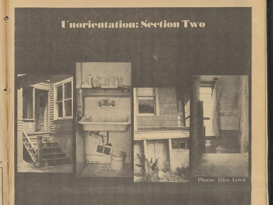 A black-and-white publication page titled 'Unorientation: Section Two' featuring a photo collage  that depicts various angles of rundown residential structures, including wooden stairs, a weathered utility sink, and peeling wall plaster.